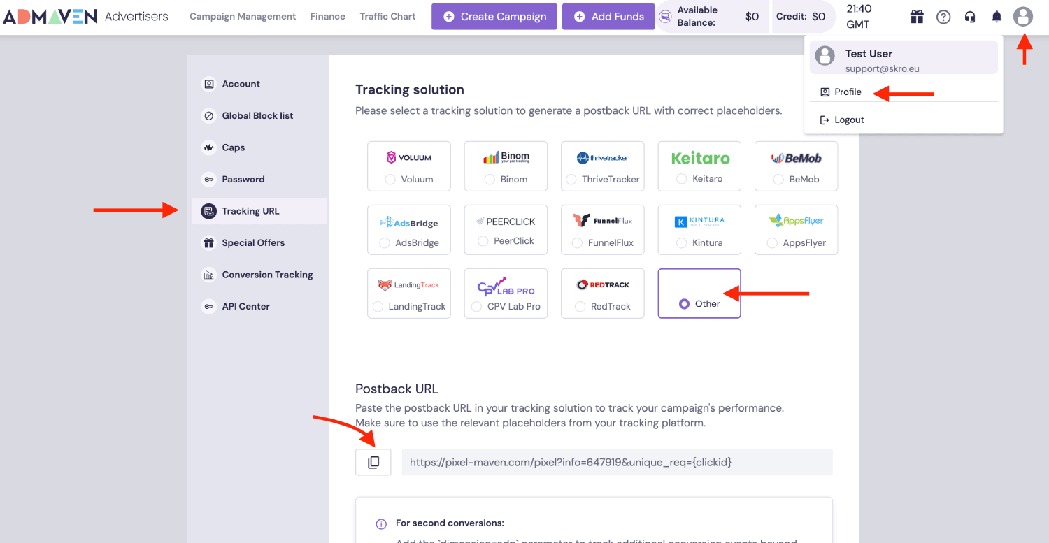 Copy AdMaven Postback URL