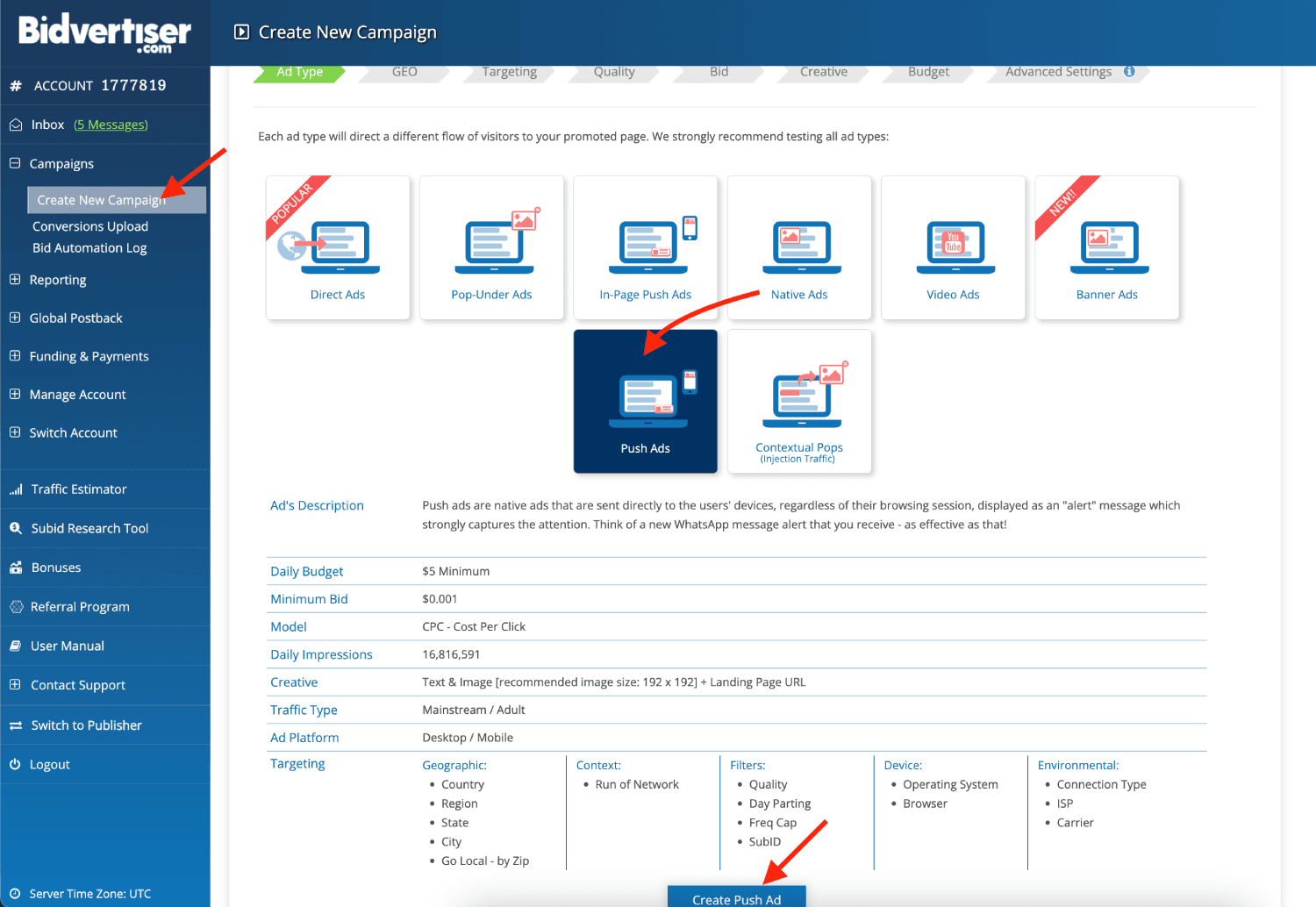 Step 2. Create a campaign on BidVertiser.
