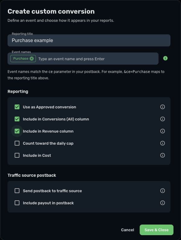 Skro's custom conversion editor showing event values and reporting controls