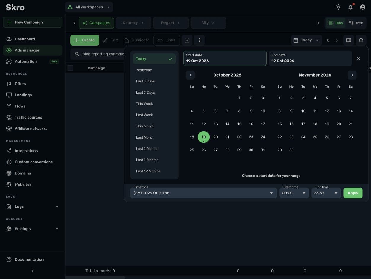 The reporting-period selector in Skro's Ads Manager