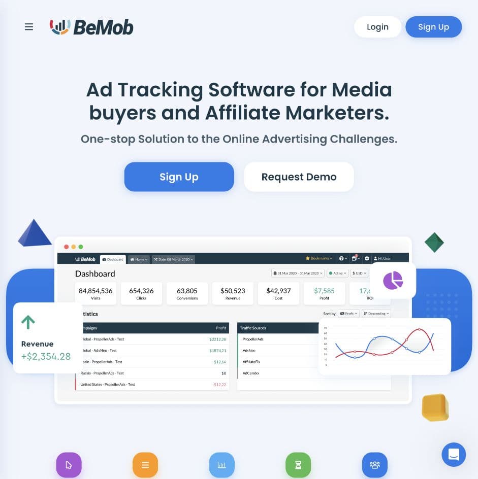 BeMob homepage showing its ad tracking positioning and campaign dashboard preview