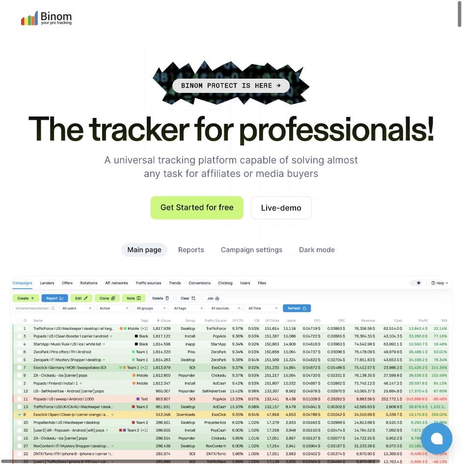Binom homepage showing its professional tracking platform and campaign reporting interface