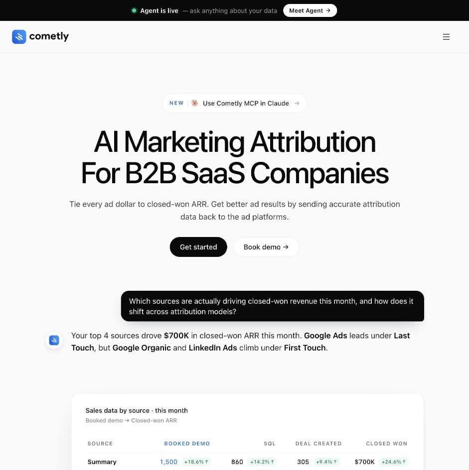 Cometly homepage presenting AI marketing attribution for B2B SaaS and a revenue reporting example