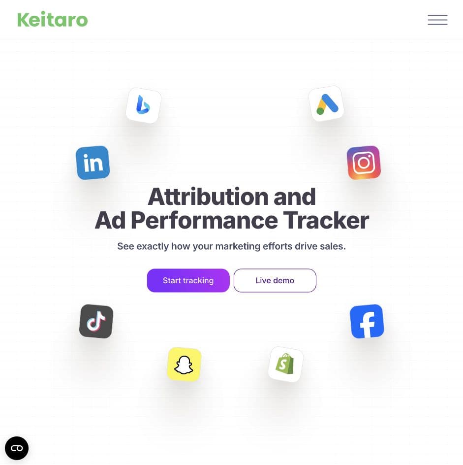 Keitaro homepage presenting its attribution and ad performance tracker