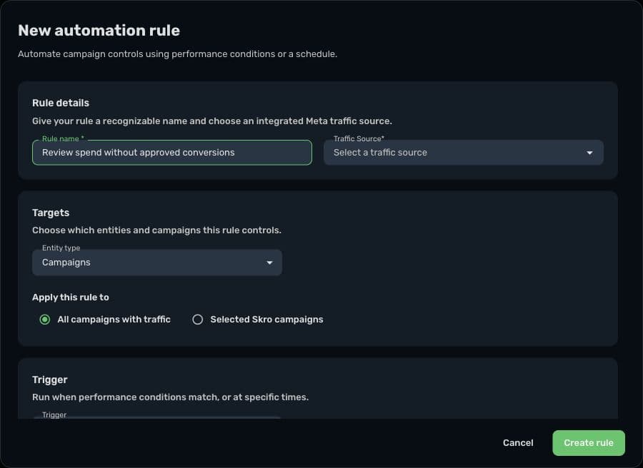 Skro's Meta Ads automation rule editor with its scope, conditions, and action controls
