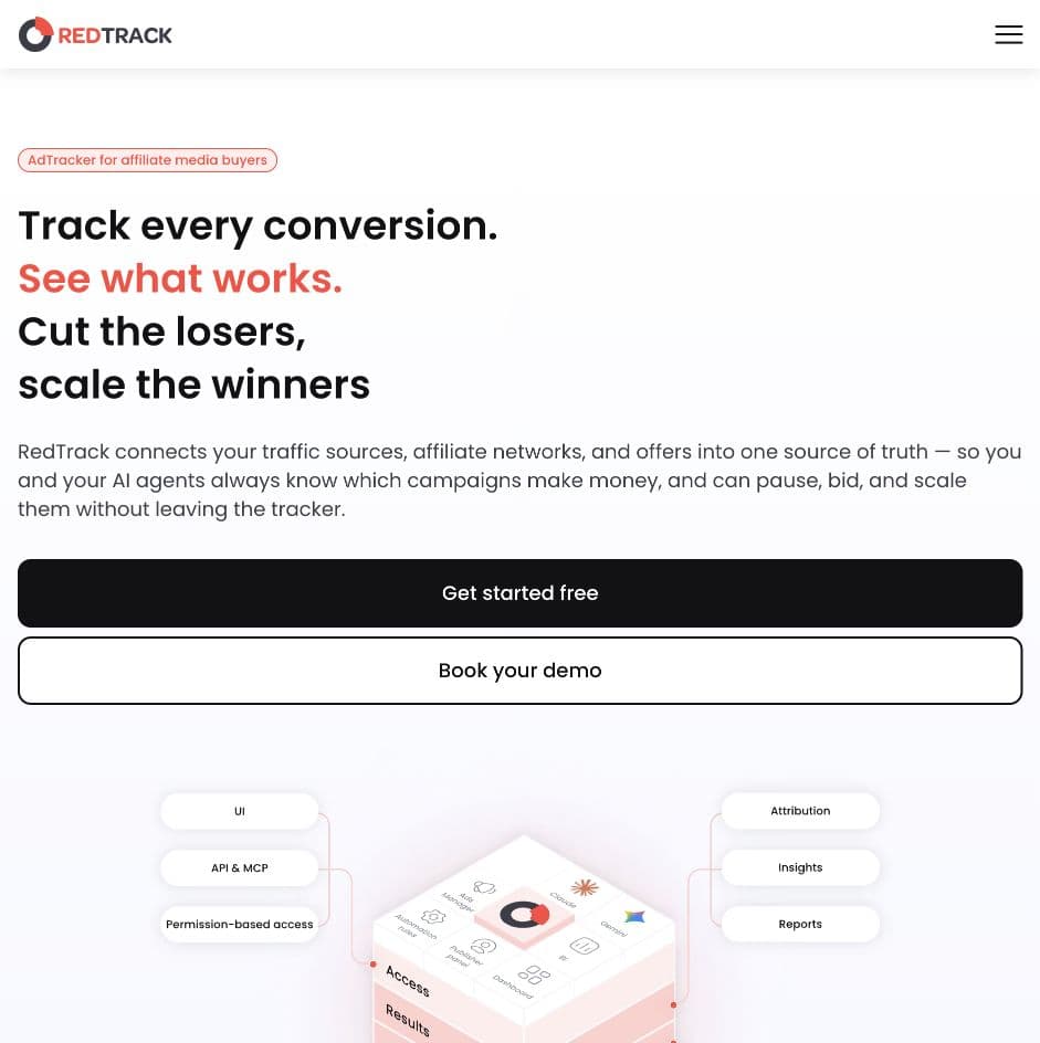 RedTrack homepage introducing conversion tracking and campaign optimization for affiliate media buyers
