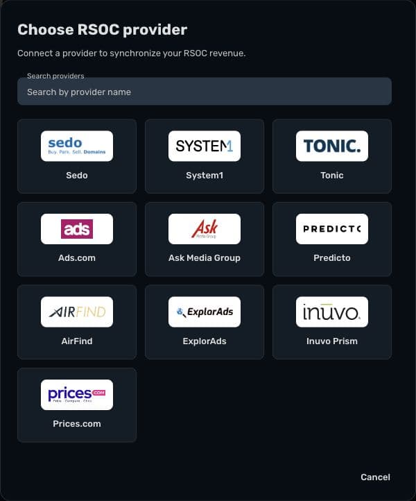 Skro's RSOC provider picker showing revenue synchronization integrations