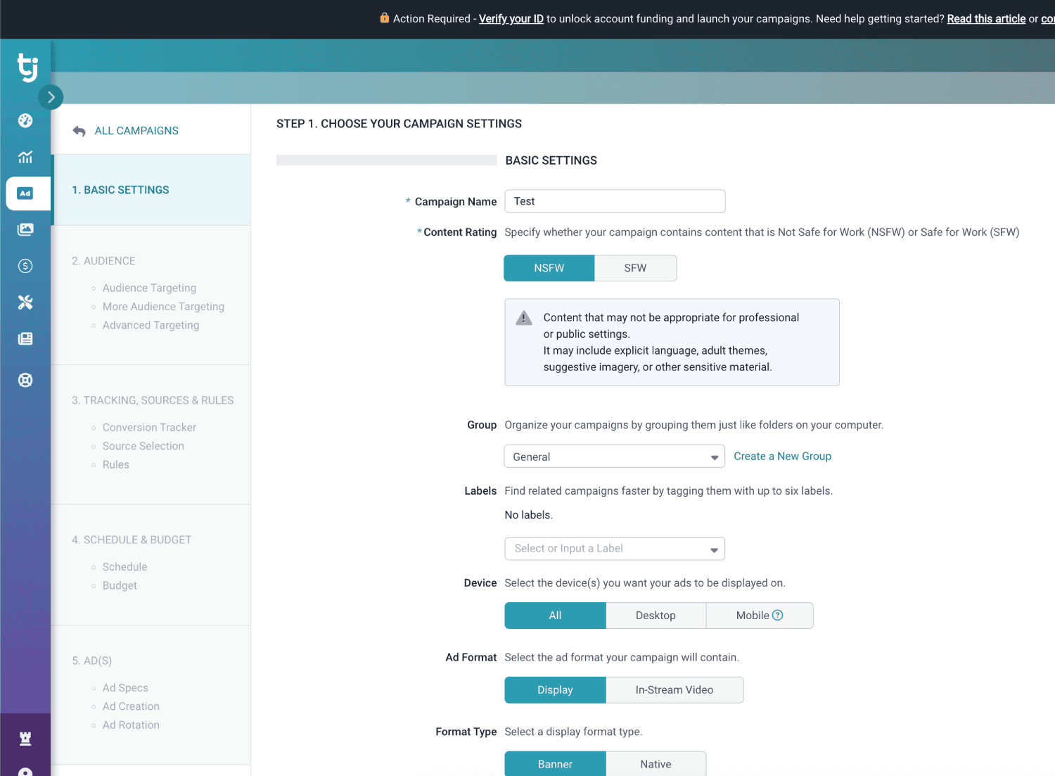 Step 2. Create a campaign on TrafficJunky.