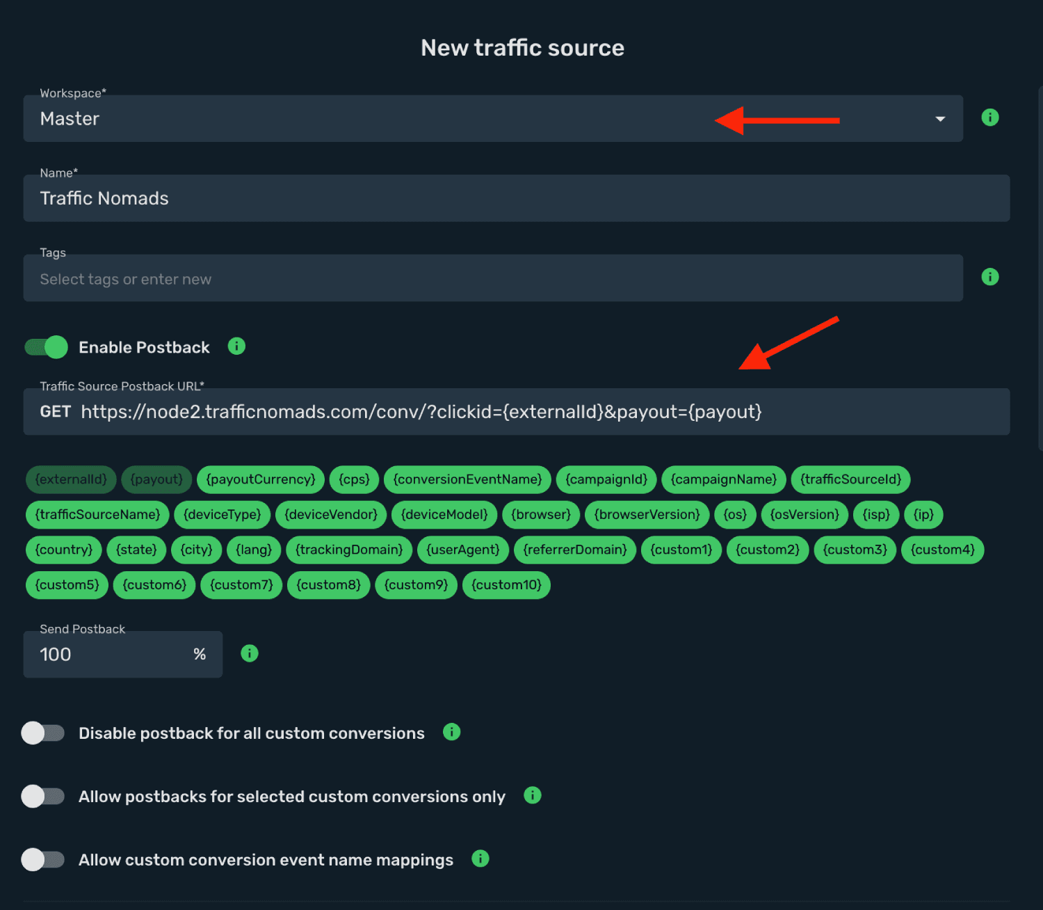 Set Traffic Nomads postback URL