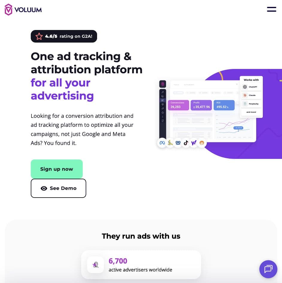 Voluum homepage showing its tracking and attribution platform with a reporting preview