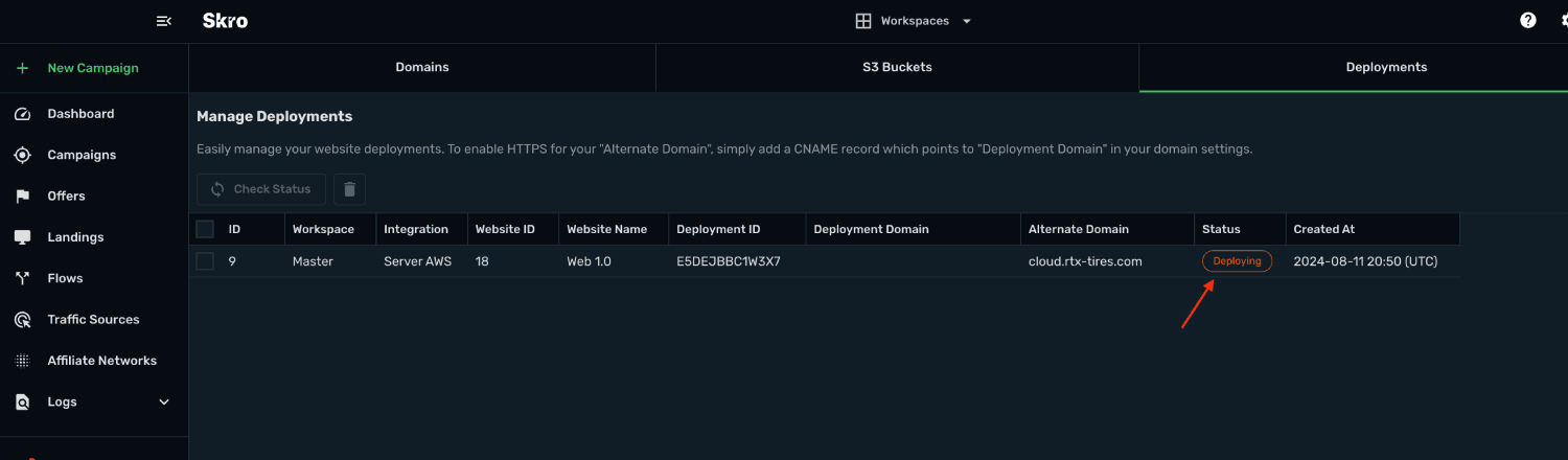 Skro website Deployments view showing domain, status, and deployment controls, from the website setup guide.