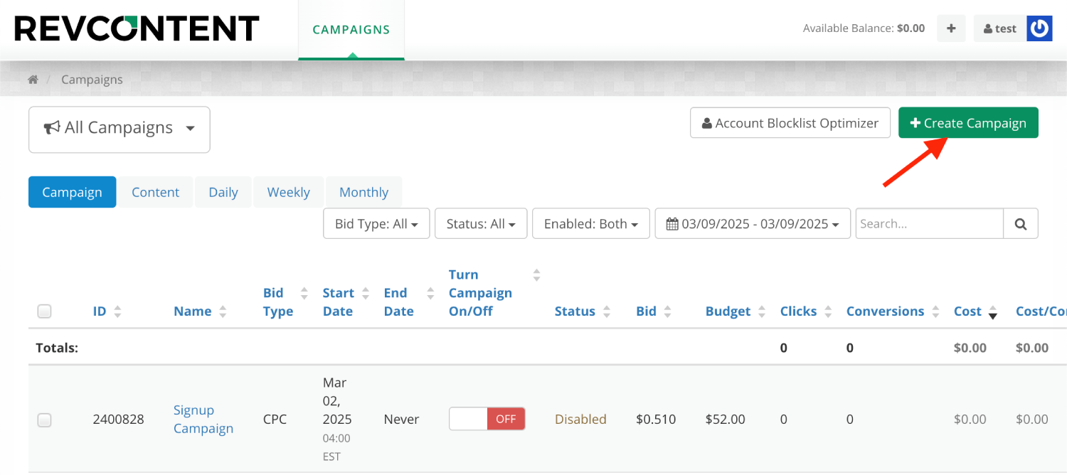 Setup Revcontent Campaign