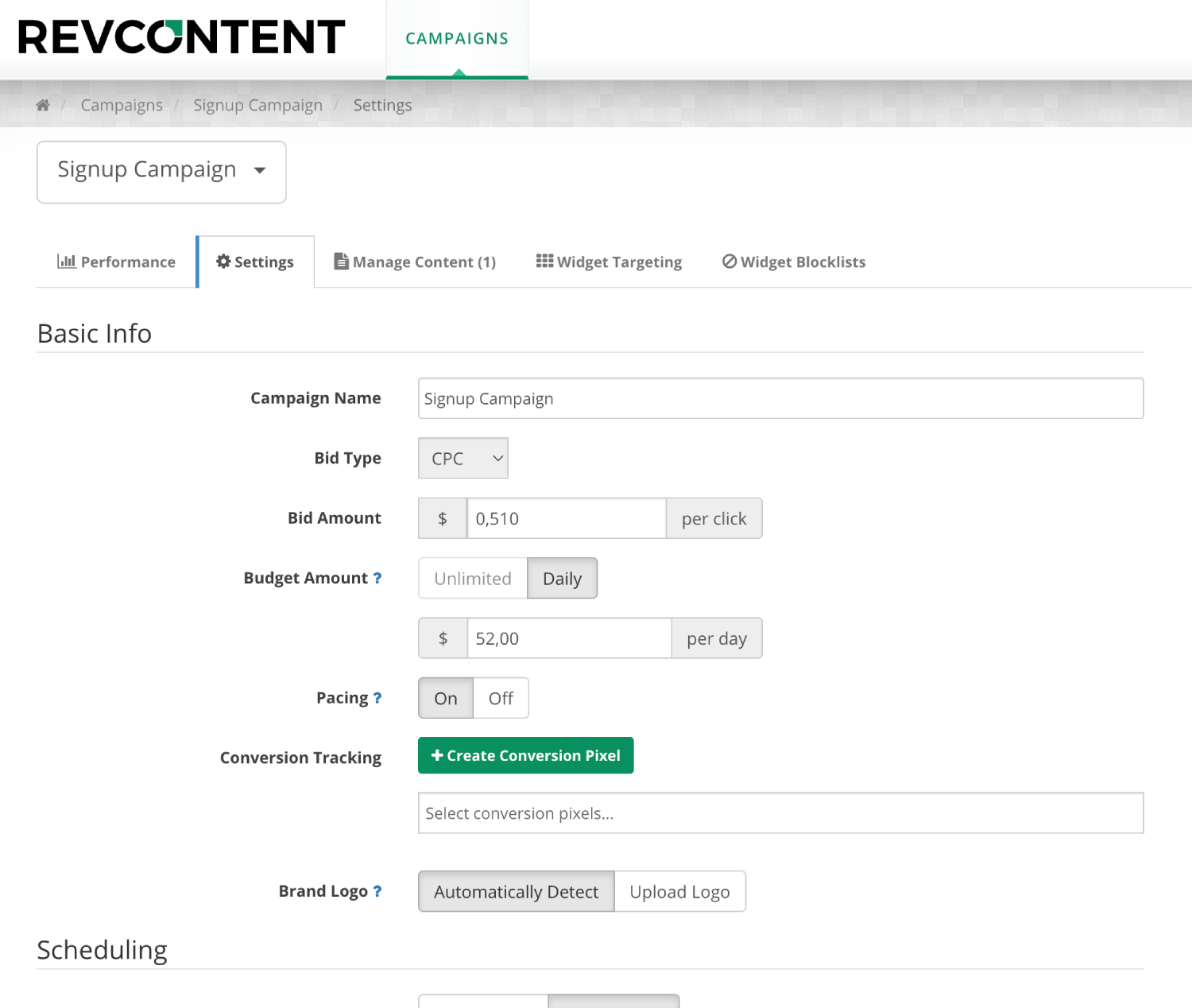 Setup Revcontent Campaign